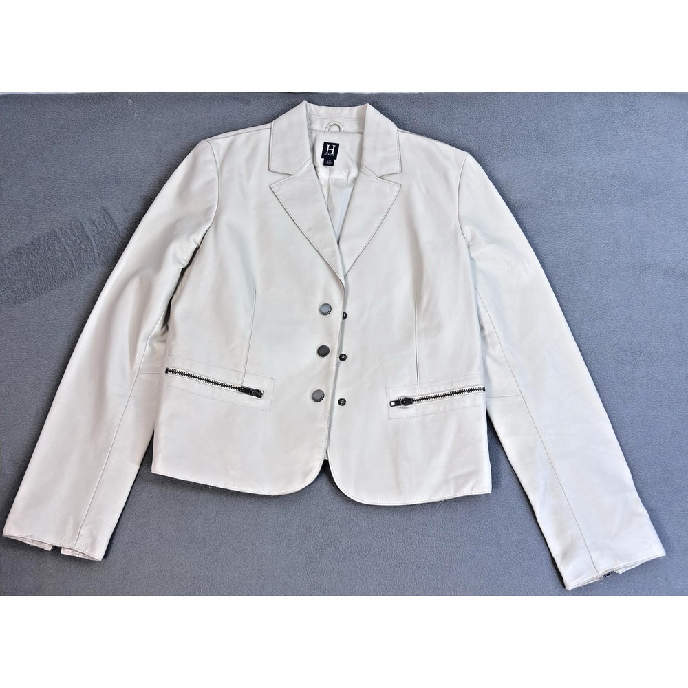 Hilfiger Jacket Women's Large White Leather Blazer Zip Pockets 2000's - Picture 3 of 11